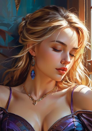 Gorgeous blonde woman sleeping in corset; Ben Bauchau, Michael Garmash, Daniel F Gerhartz, Clint Cearley, Carne Griffiths, Jean Baptiste Monge, strybk style, warm dreamy lighting, matte background, volumetric lighting, pulp adventure style, fluid acrylic, dynamic gradients, bold color, illustration, highly detailed, simple, smooth and clean vector curves, vector art, smooth, johan grenier, character design, 3d shadowing, fanbox, cinematic, ornate motifs, elegant organic framing, hyperrealism, posterized, masterpiece collection, bright lush colors, TXAA, penumbra, alcohol paint, wet gouache