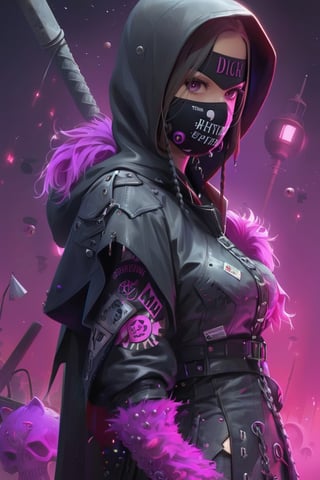 A cyberpunk gothic version of pretty lady Assassin Creed, 14, dressed in a rebellious fusion of edgy fashions (standing:1.2), pink hooded cape with torn fishnet accents, adorned with punk-inspired patches and pins. Septum earrings, more calls, ratty dreads, more patches, crust-core, anti-union designs, dirty torn studded spike leather jackets, hardcore punk style jackets, lot punk badges, military boots laced up her legs,,Rebellin, Dal,Pink Emo,ct-niji2,BugCraft,dal,ink,smoke