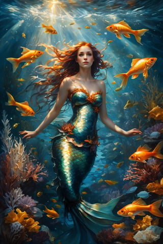 art by Phil Koch, Meghan Howland portrait of a beautiful mermaid. there are a lot of small goldfish around and against the background of marine life. the light barely breaks through the water column. luminism, ultra highly detailed, 32 k, Fantastic Realism complex background, dynamic lighting, lights, digital painting, intricated pose, highly detailed intricated,dripping paint,greg rutkowski,detailmaster2