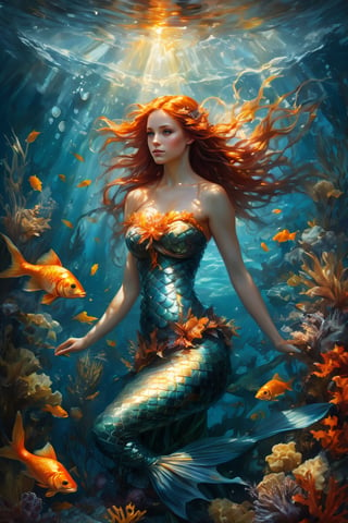 art by Phil Koch, Meghan Howland portrait of a beautiful mermaid. there are a lot of small goldfish around and against the background of marine life. the light barely breaks through the water column. luminism, ultra highly detailed, 32 k, Fantastic Realism complex background, dynamic lighting, lights, digital painting, intricated pose, highly detailed intricated,dripping paint,greg rutkowski,detailmaster2