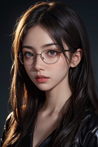 a 20 yo woman,long hair,wearing glasses,dark theme, soothing tones, muted colors, high contrast, (natural skin texture, hyperrealism, soft light, sharp),blue background,simple background, 