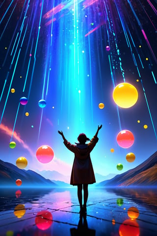 cinematic film still 4k,highres,photo,of a person raising their hand in a grand gesture of wonder,towards glowing reflective colorful neon planets,(falling like rain around the person.:1.3),full_shot,photo_(medium),,splendid galaxy visible in the background, . shallow depth of field, vignette, highly detailed, high budget, bokeh, cinemascope, moody, epic, gorgeous, film grain, grainy