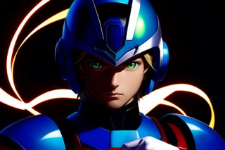 alone, looking at viewer, gloves, 1 boy, mouth closed, long hair, blonde, green eyes, upper body, male focus, white gloves, realistic, shadow_helmet, serious, android, arm cannon, x-buster, blade, electricity, darkness, zero \(mega man\), first_armored, style Akira Kitamura design, perfect details, perfect lines, hyper detailed,SDXL,Tech