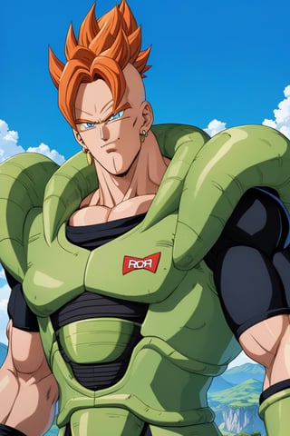 1boy, Android 16, character, male focus, Anime series Dragon Ball Z, style Akira Toriyama design, face features, male, hyper muscular, (posing 3), upper body, perfect eyes, colored skin, blue eyes, spiked hair, orange hair, serious, green armor, black bodysuit, earrings,  1990s \(style\), retro artstyle, perfect lines, perfect color, perfect, hyper detailed, artstyle, official style, cartoon, perfect armor,




Perfect proportions, Strong brightness, intricate details, vibrant colors, detailed shadows, perfect borders,

PNG image format, sharp lines and borders, solid blocks of colors, over 300ppp dots per inch, (anime:1.9), 2D, High definition RAW color professional photos, photo, masterpiece, ProRAW, high contrast, digital art trending on Artstation ultra high definition detailed anime, detailed, hyper detailed, best quality, ultra high res, high resolution, detailed, sharp re, lens rich colors, ultra sharp, (sharpness, definition and photographic precision), (blur background, clean and uncluttered visual aesthetics, sense of depth and dimension, professional and polished look of the image), work of beauty and complexity. (aesthetic + beautiful + harmonic:1.5), (ultra detailed background, ultra detailed scenery, ultra detailed landscape:1.5),
fidelity and precision,
minute detail, clean image, exact image, polished shading, detailed shading, polychromatic tonal scale, wide tonal scale,SDXL