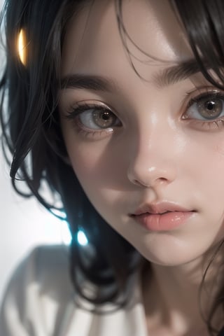 A beautiful woman, futuristic, slik white gown, glowing face, seductive big eyes, giant glowing sun in the background, close up shot,