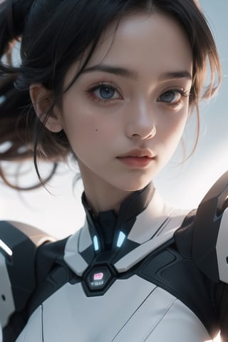 A beautiful woman, futuristic, slik white sci-fi gown, glowing face, seductive big eyes, giant glowing sun in the background, close up shot,