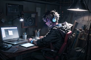 draw a young programmer sitting in front of a laptop on a gloomy day, gloomy room lights, stressed out, wearing headphones.