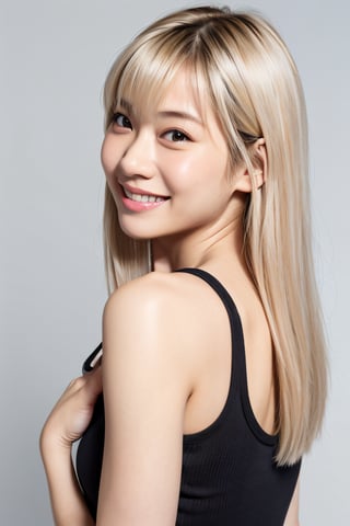 asian woman, long hair, bangs, blonde, light smile, close-up,front facing, (black tank top), (pastel grey background), oily skin