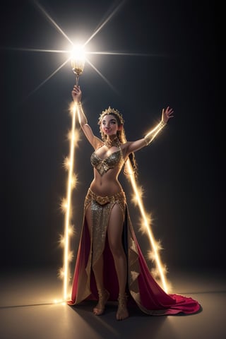 Masterpiece Quality, Luminous Beacon: Luminara, a beacon of Brazilian heritage, is illustrated in a radiant pose, her hands casting beams of brilliant light that cut through the surrounding darkness. Her costume shimmers with reflective materials and light-reactive fibers, glowing with a spectrum of warm, inviting colors that mirror the vibrant culture of her homeland.