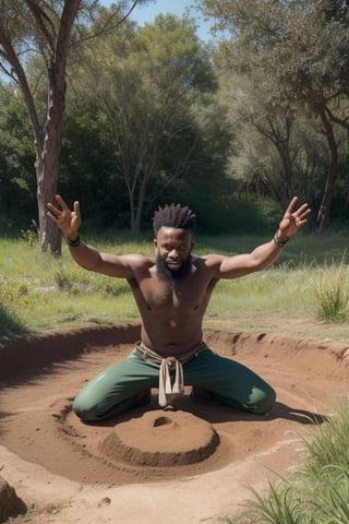 Masterpiece Quality, Earthen Might: Terrashaper, embodying his Kenyan ancestry, is shown with his hands to the ground, from which a surge of rock and soil rises, obeying his command. His costume echoes the textures of the savannah - robust and earth-toned, with hints of vibrant greens and browns. His presence is as solid and reassuring as the ground itself.
