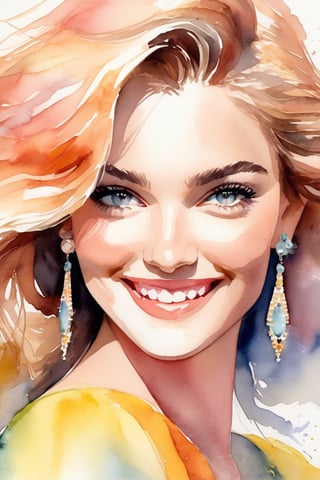 (watercolor painting, soft, vibrant, blended, hand-painted:1.2) GiusyMeloni , focus on eyes, close up on face, smiling, wearing jewelry, hair styled wispy layers,