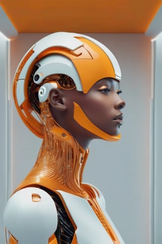 Futuristic girl model, portrait, half human hulf robot, very detailed, Minimalist, warm color background 