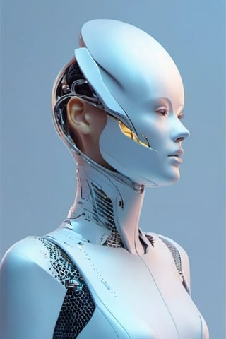 Futuristic girl model, portrait, half human hulf robot, very detailed, Minimalist, rgb color background 