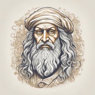 Leonardo style, illustration,A digital art very complex  by Leonardo da Vinci - t shirt design,illustration, vector art, off white background, vector graphics,