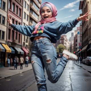 best quality, masterpiece, (photorealistic:1.4),8K UHD, Generate an image of a joyful hijab-wearing girl jumping with excitement on a vibrant city street, wearing oversized sweatshirt, loose, tight jeans,perfecteyes