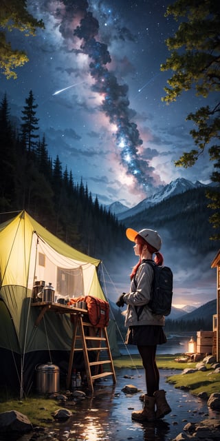 masterpiece, best quality, ultra-detailed, illustration, 1girl, red hair, solo, outdoors, camping, night, mountains, nature, stars, moon, tent, twin ponytails, blue eyes, cheerful, happy, backpack, sleeping bag, camping stove, water bottle, mountain boots, gloves, sweater, hat, flashlight, forest, rocks, river, wood, smoke, shadows, contrast, clear sky, constellations, Milky Way, peaceful, serene, quiet, tranquil, remote, secluded, adventurous, exploration, escape, independence, survival, resourcefulness, challenge, perseverance, stamina, endurance, observation, intuition, adaptability, creativity, imagination, artistry, inspiration, beauty, awe, wonder, gratitude, appreciation, relaxation, enjoyment, rejuvenation, mindfulness, awareness, connection, harmony, balance, texture, detail, realism, depth, perspective, composition, color, light, shadow, reflection, refraction, tone, contrast, foreground, middle ground, background, naturalistic, figurative, representational, impressionistic, expressionistic, abstract, innovative, experimental, unique