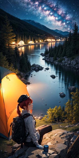 masterpiece, best quality, ultra-detailed, illustration, 1girl, red hair, solo, outdoors, camping, night, mountains, nature, stars, moon, tent, twin ponytails, blue eyes, cheerful, happy, backpack, sleeping bag, camping stove, water bottle, mountain boots, gloves, sweater, hat, flashlight, forest, rocks, river, wood, smoke, shadows, contrast, clear sky, constellations, Milky Way, peaceful, serene, quiet, tranquil, remote, secluded, adventurous, exploration, escape, independence, survival, resourcefulness, challenge, perseverance, stamina, endurance, observation, intuition, adaptability, creativity, imagination, artistry, inspiration, beauty, awe, wonder, gratitude, appreciation, relaxation, enjoyment, rejuvenation, mindfulness, awareness, connection, harmony, balance, texture, detail, realism, depth, perspective, composition, color, light, shadow, reflection, refraction, tone, contrast, foreground, middle ground, background, naturalistic, figurative, representational, impressionistic, expressionistic, abstract, innovative, experimental, unique