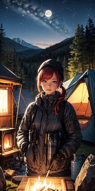 masterpiece, best quality, ultra-detailed, illustration, 1girl, red hair, solo, outdoors, camping, night, mountains, nature, stars, moon, tent, twin ponytails, blue eyes, cheerful, happy, backpack, sleeping bag, camping stove, water bottle, mountain boots, gloves, sweater, hat, flashlight, forest, rocks, river, wood, smoke, shadows, contrast, clear sky, constellations, Milky Way, peaceful, serene, quiet, tranquil, remote, secluded, adventurous, exploration, escape, independence, survival, resourcefulness, challenge, perseverance, stamina, endurance, observation, intuition, adaptability, creativity, imagination, artistry, inspiration, beauty, awe, wonder, gratitude, appreciation, relaxation, enjoyment, rejuvenation, mindfulness, awareness, connection, harmony, balance, texture, detail, realism, depth, perspective, composition, color, light, shadow, reflection, refraction, tone, contrast, foreground, middle ground, background, naturalistic, figurative, representational, impressionistic, expressionistic, abstract, innovative, experimental, unique