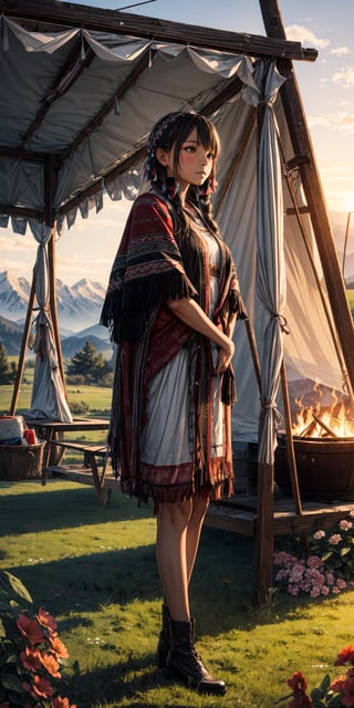 sunrisesummer, flowers, luscious grass, indigenous girl, hunter, aboriginal, standing, looking at the mountains, beautiful detailed, teepee, campfire,