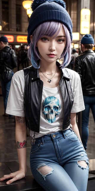 Chloe Price, at the the Grand Central Terminal, cinematic, medium shot, whole head in frame, detailed face, detailed eyes, evening, punk aesthetic, pale blue ripped jeans, braces, suspenders, black boots, white shirt, skull, heart, necklace, chain, bullets, black leather jacket, beanie hat, dark blue beanie, tattoo sleeve, right arm, intricate design, flowers, yellowed skull, dyed hair, light purple roots, blue ends, navy T-shirt, rock, chick