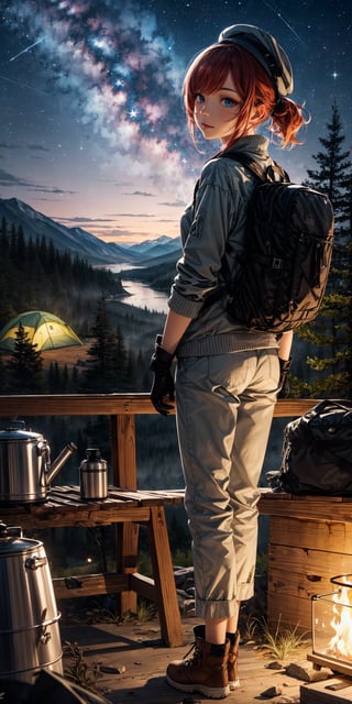 masterpiece, best quality, ultra-detailed, illustration, 1girl, red hair, solo, outdoors, camping, night, mountains, nature, stars, moon, tent, twin ponytails, blue eyes, cheerful, happy, backpack, sleeping bag, camping stove, water bottle, mountain boots, gloves, sweater, hat, flashlight, forest, rocks, river, wood, smoke, shadows, contrast, clear sky, constellations, Milky Way, peaceful, serene, quiet, tranquil, remote, secluded, adventurous, exploration, escape, independence, survival, resourcefulness, challenge, perseverance, stamina, endurance, observation, intuition, adaptability, creativity, imagination, artistry, inspiration, beauty, awe, wonder, gratitude, appreciation, relaxation, enjoyment, rejuvenation, mindfulness, awareness, connection, harmony, balance, texture, detail, realism, depth, perspective, composition, color, light, shadow, reflection, refraction, tone, contrast, foreground, middle ground, background, naturalistic, figurative, representational, impressionistic, expressionistic, abstract, innovative, experimental, unique