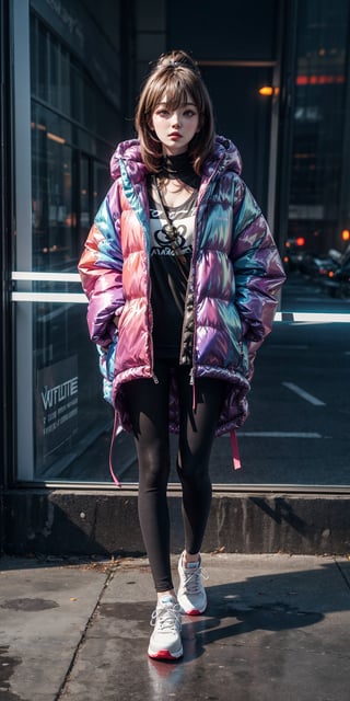 a 30 years old woman wearing a poncho oversized puffer jacket, inspired by OffWhite, tumblr, inspired by Yanjun Cheng style, digital art, lofi girl internet meme, trending on dezeen, catalog photo, 3 d render beeple, rhads and lois van baarle, cartoon style illustration, bright pastel colors, a beautiful artwork illustration, retro anime girl