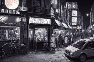 midnight, streets, detailed, character, city, manga, 4K, amazing view, people, cafe, details, mixed colors, quality, ambulance, energetic, street signs, dark, realistic, festival, moon, portrait, clear picture, group