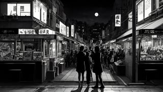 midnight, streets, detailed, character, city, manga, 4K, amazing view, people, cafe, details, mixed colors, quality, ambulance, energetic, street signs, dark, realistic, festival, moon, portrait, clear picture, group