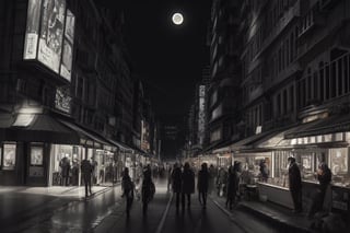 midnight, streets, detailed, character, city, manga, 4K, amazing view, people, cafe, details, mixed colors, quality, ambulance, energetic, street signs, dark, realistic, festival, moon, portrait, clear picture, group