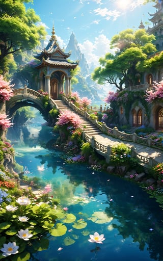 (extremely detailed CG unity 8k wallpaper),(((masterpiece))), (((best quality))), ((ultra-detailed)), (best illustration),(best shadow), ((an extremely delicate and beautiful)),dynamic angle,floating, fairyland,dynamic angle,sea of flowers,beautiful detailed garden,wind,classic,spring, (detailed light),feather, nature, (sunlight), river, forest,(((floating palace))),((the best building)),beautiful and delicate water,(painting),(sketch),(bloom),(shine),lumine_genshin,detailmaster2