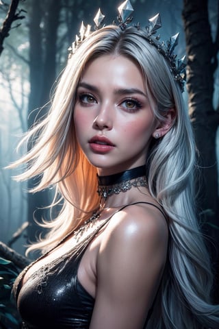 Woman with platinum hair, in a dress of ice flowers, a beautiful crown on her head, detailed face, detailed skin, front, background frozen forest, cover, unzoom, choker, hyperdetailed painting, luminism, Bar lighting, complex, 4k resolution concept art portrait by Greg Rutkowski, Artgerm, WLOP, Alphonse Mucha, little fusion pojatti realistic goth, fractal isometrics details bioluminescens : a stunning realistic photograph 20 years