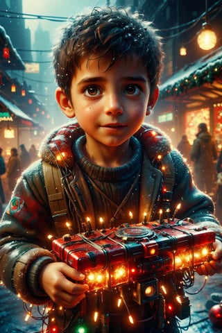 a  kid extremly happy, big eyes, extreme expression, after receiveing a christmas gift having fun, christmas theme, trending on artstation, 4k  , sharp focus, emitting diodes, smoke, artillery, sparks, racks, system unit, motherboard, by pascal blanche rutkowski repin artstation hyperrealism painting concept art of detailed character design matte painting, 4 k resolution blade runner