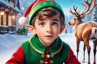 A cute and lifelike elf boy with elf ears, dressed in stylish winter clothes inspired by Juicy Couture fashion, sits on the snowy ground scratching his ear, watching in wonder to the distance. A Santa Claus carriage flies by in the background, its reindeer leaving a trail of sparkling magic behind them, 