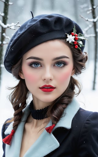 Perfect face, perfect body, perfect eyes, glamorous, gorgeous, delicate, romantic, french beret woman, winter christmas clothes, romanticism, christmas theme, Harrison Fisher dark twist style, by Tokaito