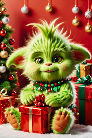 Fluffy baby Grinch with gifts for Christmas