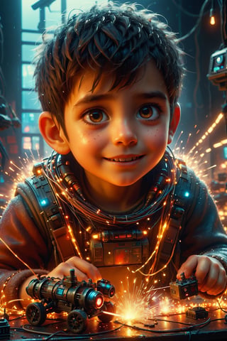 a  kid extremly happy, big eyes, extreme expression, after receiveing a gift having fun, trending on artstation, 4k  , sharp focus, emitting diodes, smoke, artillery, sparks, racks, system unit, motherboard, by pascal blanche rutkowski repin artstation hyperrealism painting concept art of detailed character design matte painting, 4 k resolution blade runner