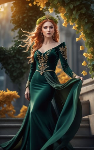 An ultra hd detailed, stunning, hyper realistic woman in a dress standing on some steps, cgsociety contest winner, fantasy art, blonde elvish empress, wearing a dress made of vines, golden hour intricate, glamourous cosplay, lady with glowing flowers dress, intricate sparkling atmosphere, great pinterest photo, beautiful witch female, fairy dancing, ultra realistic fantasy tiara, maiden with copper hair, cinematic full body shot, 16k hyper realistic photograph, ultra-realistic, style raw,  sharp focus, hyperrealism, photorealistic, 16k, unreal engine