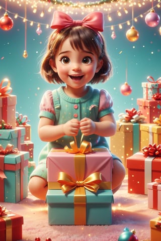 Create a scene with a tiny girl looking happy, excited, and surprised while opening a large gift box , ultra hd, realistic, vivid colors, highly detailed, christmas theme, pastel colors