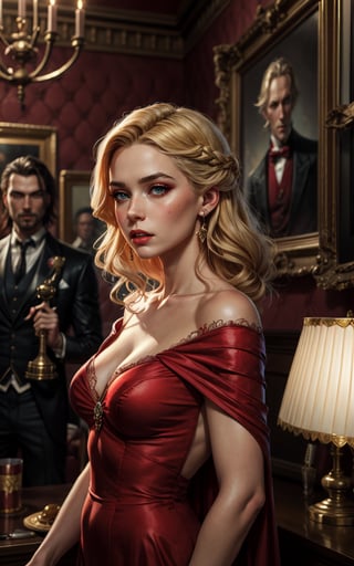 fantasy movie poster, vampire couple, handsome man, Aristocrat woman vampire portrait, woman in red dress, cute face, familiar, magic academy, blonde hair, intricate stunning highly detailed girl by artgerm and Edouard Bisson, highly detailed oil painting, portrait of a beautiful person, art by Stanley Artgerm, Charlie Bowater, Atey Ghailan and Mike Mignola, dramatic makeup




 