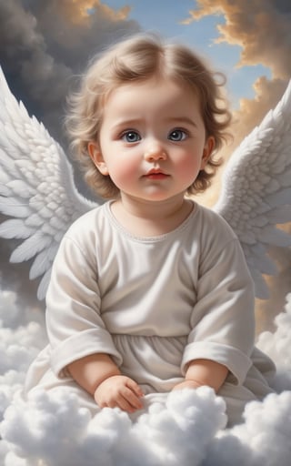 an ultra-realistic and stunning  a painting of an angel sitting on a cloud, trending on cg society, cute large eyes, 240p, very detailed and high quality, 360*