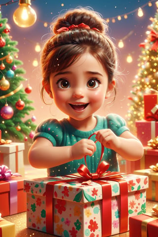 Create a scene with a tiny girl looking happy, excited, and surprised while opening a large gift box , ultra hd, realistic, vivid colors, highly detailed, christmas theme, pastel colors