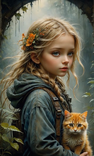 art by Mandy Disher, digital art 8k, Jean-Baptiste Monge style, art by cameron gray, 
 mail art, cuteness overload, Northern Renaissance, tempera on old worn canvas, fairytale, symbolism, dynamic poster, a little blonde long-haired girl with a furry fuzzy black-ginger-white cat on her shoulder in the foggy night, complex background, meticulously detailed tempera portrait, detailed jungle landscape complementary colors, insanelly detailled, volumetrics clouds, stardust,  8k resolution, watercolor, razumov style. art by Razumov and Volegov, art by Carne Griffiths and Wadim Kashin rutkowski repin artstation hyperrealism painting ,4 k resolution blade runner, sharp focus, emitting diodes, smoke,artillery,sparks,racks,system unit,motherboard, by pascal blanche rutkowski repin artstation hyperrealism painting concept art of detailed character design matte painting, 4 k resolution , in the style of esao andrews,aesthetic portrait