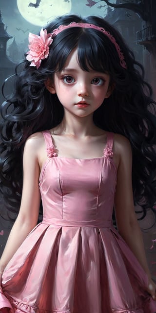 a girl with long black hair wearing a pink dress, a digital painting, inspired by WLOP, creepy child, high detailed cartoon, with haunted eyes and curly hair, character designs painting, 3 d character concept artwork, style of dragan bibin, small curvy loli, diego dayer, girl in a dress, wide angle