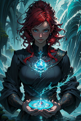 (masterpiece, best quality:1.4),(absurdres, highres, ultra detailed:1.2), (1 gorgeous woman:1.4), (red hair:1.2), (large breasts:1.2),(using dark magic:1.4),water magic,playful illustrations, imaginative overlays, artistic fusion,(fantastical scenes), evocative narratives, striking visuals, upper body
,water