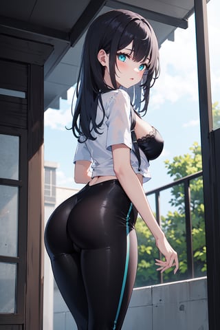 1girl, medium length hair, black hair, turquoise eyes, transparent clothes, tight_clothes, straight_hair, modern outfit, leggings, shirts, transparent shirt, lace_trim, absolute_cleavage, outside, average_breasts, oshiri, ass