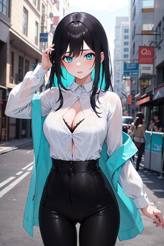 1girl, medium length hair, black hair, turquoise eyes, transparent clothes, tight_clothes, straight_hair, modern outfit, pants, white_blouse, white_shirt, transparent shirt, lace_trim, absolute_cleavage, outside, average_breasts, vagina visible through clothing