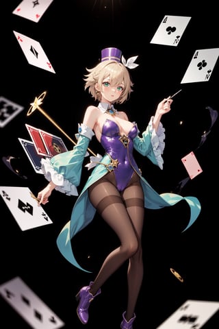 a magic aura around her, magic wand, show, stage, green eyes, silver brown hair, floating, dropping sleeves, cards, female magician leotard, magician hat, frills, short hair, brown boots, black pantyhose, purple outfits