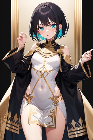 1girl, short_hair, black hair, turquoise eyes, transparent sleeves, transparent clothes, tight_clothes, bangs, egyptian clothes, gold, mini dress, long sleeves