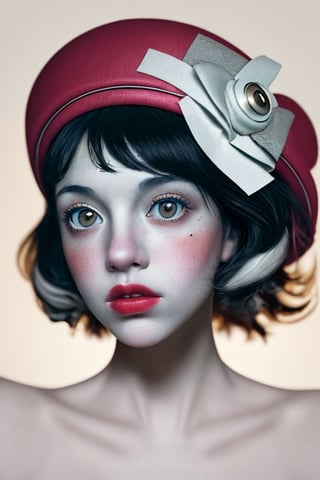 Create a vibrant and energetic photograph featuring a girl wearing a hat on her head and French ornament, De jouy on her face. The shot should be taken up close, showcasing the girl's face with a surreal twist. The color palette should be a playful mix of dark and contrasting colors, with an emphasis on poodlepunk style. Experiment with a unique coloration that combines dark shades, white highlights, and pops of red. Capture the image in high-resolution 8K format, enabling every detail to be visible. Add a sense of motion and action to the photograph, making it dynamic and engaging. Apply a pale washed-out style reminiscent of retro aesthetics, reminiscent of medium format photography shot on a Holga camera. Enhance the overall look with soft focus, vignetting, and subtle light leaks for an artistic touch