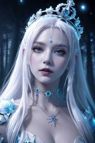 Woman with platinum hair, in a dress of ice flowers, a beautiful crown on her head, detailed face, detailed skin, front, background frozen forest, cover, unzoom, choker, hyperdetailed painting, luminism, Bar lighting, complex, 4k resolution concept art portrait by Greg Rutkowski, Artgerm, WLOP, Alphonse Mucha, little fusion pojatti realistic goth, full body fractal isometrics details bioluminescens : a stunning realistic photograph 30 years